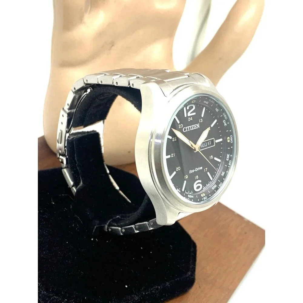 Citizen Men's Watch AW0110-58E Eco Drive Black Dial Day Date Silver Steel 44mm